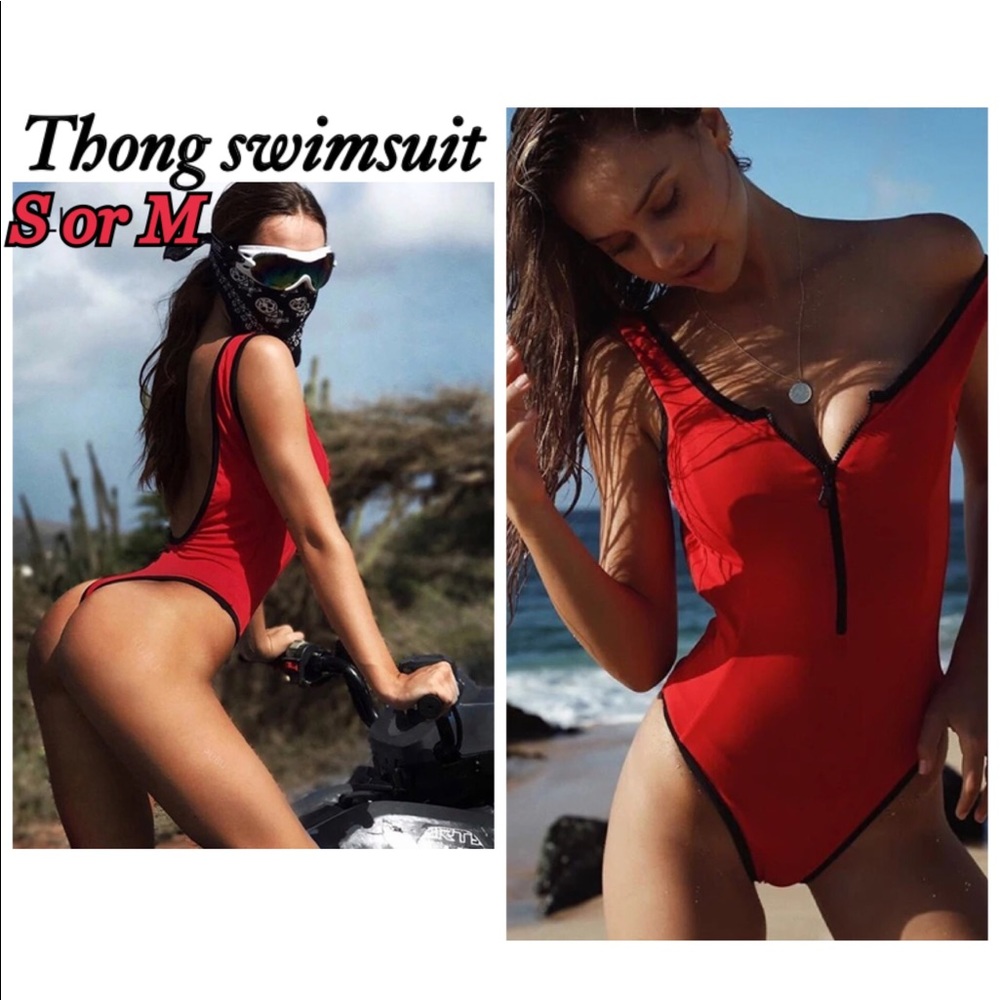 NWT S or M red thong swimsuit high leg front zipper sexy deep V sport price firm